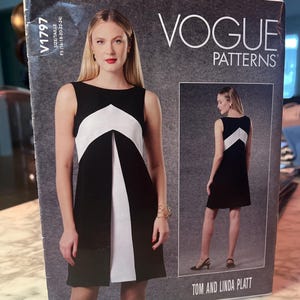May include: Vogue Patterns sewing pattern featuring a black and white dress design. The pattern includes a photo of the dress on a model. The pattern is labeled V1797 and includes size information.