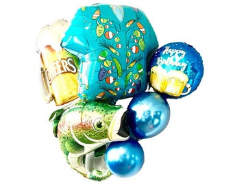 Ramo de globos de cumpleaños con temática de peces y cerveza
