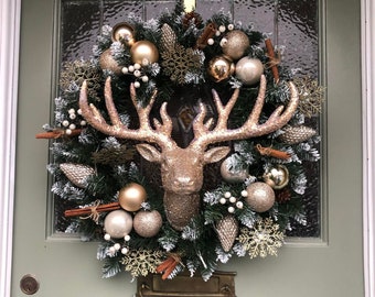 LARGE artificial wreath Handcrafted wreath Luxury Stag Deer Glitter wreath Christmas Wreath