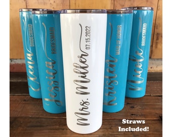 Laser Engraved Skinny Tumbler | Personalized Tumbler with Lid and Straw | 20oz Skinny Tumbler | Bridesmaid Gift