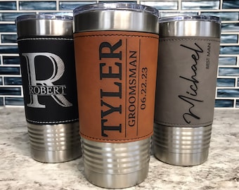 Groomsmen Tumblers | Engraved Leather Tumblers | Best Man Gift | Groomsman Gift | 20oz Insulated Personalized Mug