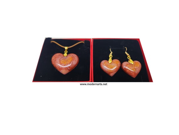 Handmade jewelry set- Resin Heart pendant with matching resin earrings.