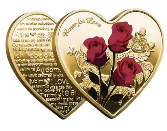 Romantic Heart Shaped Rose Metal Coin Says I Love You in 52 Languages