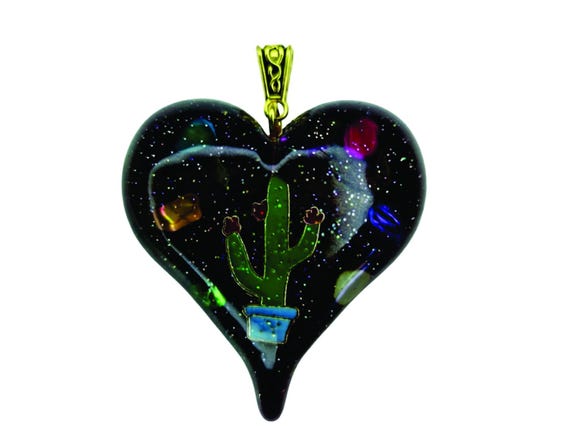 Handmade Swirled Resin Heart Pendant Necklace, Color Changing Chameleon Powder, Potted Cactus Charm