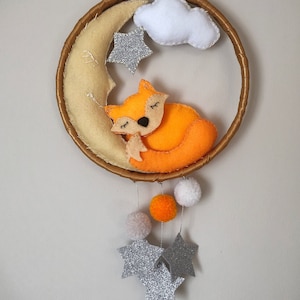 Sleeping fox wall hanging decor, kids room decor, nursery wall hanging , fox sleeping on the moon nursery mobile
