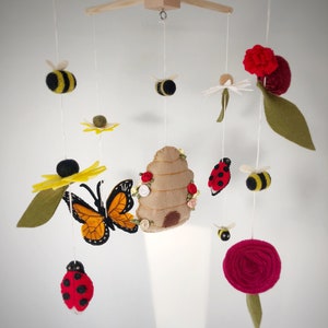 Baby cot mobile with butterfly and ladybirds, beehive and bees mobile for baby nursery, kids room decor wall hanging, little bugs decor
