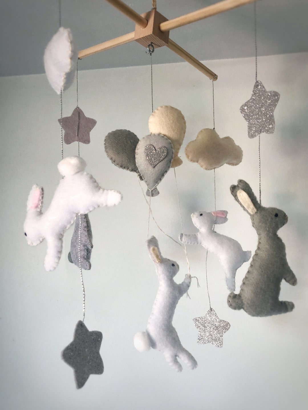 Cot Mobile Bunny Floating With Balloons and Clouds, Bunny Nursery