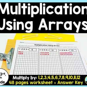 May include: A worksheet for 2nd, 3rd, and 4th grade students to practice multiplication using arrays. The worksheet has three examples of multiplication problems with red dots on a grid to represent the multiplication equation. The worksheet is titled "Multiplication Using Arrays" and includes the text "Multiply by: 1,2,3,4,5,6,7,8,9,10,11,12" and "48 pages worksheet + Answer Key".
