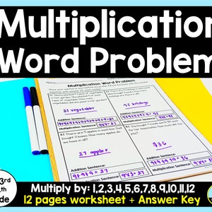 May include: A worksheet for 2nd, 3rd, and 4th grade students to practice multiplication word problems. The worksheet includes 12 pages and an answer key. The worksheet features a colorful design with a blue, yellow, and white background. The text "Multiplication Word Problem" is written in black letters on a white background. The text "Multiply by: 1,2,3,4,5,6,7,8,9,10,11,12" is written in black letters on a white background. The text "12 pages worksheet + Answer Key" is written in black letters on a white background.