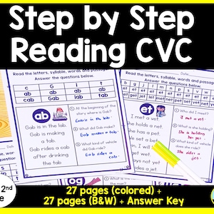Può includere: Un set di 27 fogli di lavoro stampabili a colori e 27 in bianco e nero per insegnare le capacità di lettura CVC agli studenti della scuola materna, della prima e della seconda elementare. I fogli di lavoro presentano una varietà di attività, tra cui la lettura di lettere, sillabe, parole e passaggi, nonché la risposta a domande sul testo. I fogli di lavoro includono anche una chiave che gli insegnanti possono utilizzare per la valutazione.