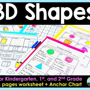 May include: A colorful educational worksheet set titled "3D Shapes" for kindergarten through 2nd grade. The worksheets include tracing, drawing, and identifying shapes like cylinders, cubes, and cones. Includes 16 pages and an anchor chart.