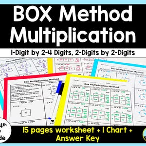 Puede incluir: Un conjunto de 15 hojas de trabajo imprimibles para estudiantes de 3º, 4º y 5º grado para practicar la multiplicación usando el método de la caja. Las hojas de trabajo incluyen un cuadro con instrucciones y ejemplos. Las hojas de trabajo están codificadas por colores con rojo, amarillo y azul.