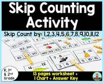 May include: A colorful worksheet for kids to practice skip counting by numbers 1 through 12. The worksheet features a variety of animal illustrations and includes 13 pages, a chart, and an answer key.
