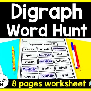 May include: A black and white worksheet with the title "Digraph Word Hunt". The worksheet has a grid of words with digraphs, such as "chain", "whisk", "mother", "quiz", "leather", "fish", "moth", "weather", "whale", "feather", "bath", "shell", "white", "father", and "quilt". The worksheet is designed for kindergarten, 1st, and 2nd grade students.
