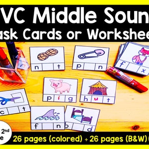 CVC Middle Sounds Task Cards - CVC Middle Sounds Worksheet