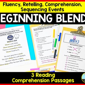 May include: Three printable reading comprehension worksheets for beginning readers. The worksheets feature a story about a boy named Steve who is sick, a multiple choice comprehension quiz, and a sequencing activity. The worksheets are designed to help students practice reading fluency, retelling, and comprehension.