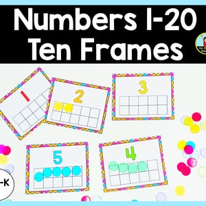 May include: Colorful ten frames with numbers 1 through 5, each frame has a different color border and the number is written in the top center of the frame. The frames are on a white background with colorful counters scattered around.