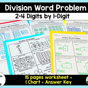 Puede incluir: Un conjunto de 15 hojas de trabajo imprimibles para estudiantes de 3º, 4º y 5º grado para practicar la resolución de problemas de palabras de división con números de 2 a 4 dígitos divididos por un solo dígito. Las hojas de trabajo incluyen un cuadro con diferentes estrategias de división, como la división larga, los grupos iguales, las matrices y la resta repetida. Las hojas de trabajo también incluyen una clave de respuestas.