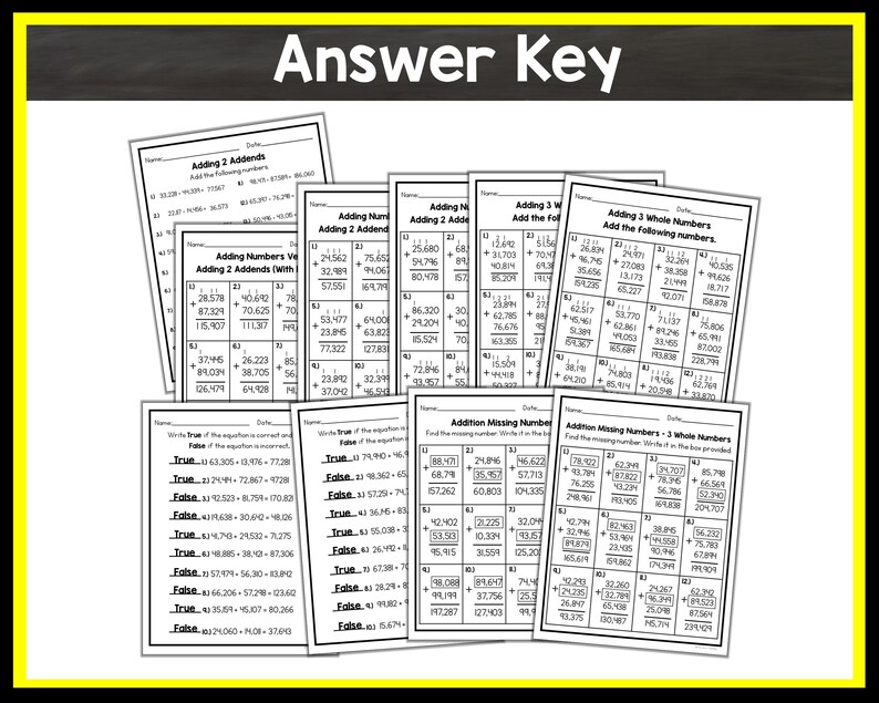 Answers Key Adding 5-digit Addition Worksheets With Answer Keys (PDF) - Etsy
