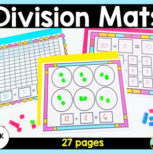 Puede incluir: Un conjunto de 27 esteras de división imprimibles coloridas para niños. Las esteras presentan una cuadrícula, círculos con puntos y oraciones numéricas. Las esteras están diseñadas para ayudar a los niños a aprender la división.