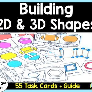 Peut inclure: Un ensemble de 55 cartes d'activités pour construire des formes en 2D et 3D. Les cartes présentent des illustrations colorées de différentes formes, notamment des carrés, des pentagones, des hexagones, des cercles, des losanges et des pyramides. Les cartes sont conçues pour les élèves de maternelle, de première et de deuxième année.