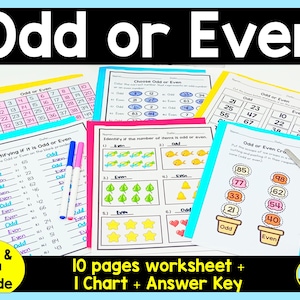 May include: A set of 10 printable worksheets for kindergarten, first, and second grade students to practice identifying odd and even numbers. The worksheets feature colorful graphics and a variety of activities, including counting objects, coloring, and writing.