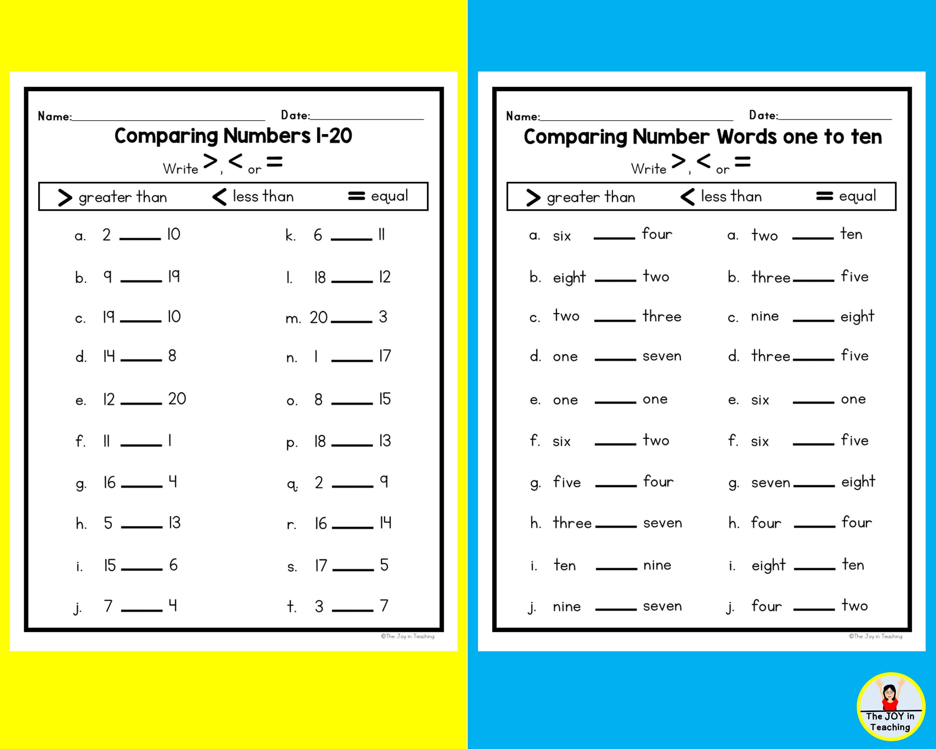 Comparing Numbers 0-20 Worksheet | Etsy