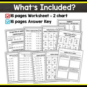 Pu&ograve; includere: Un foglio di lavoro in bianco e nero con il titolo "What's Included?" e il testo "16 pages Worksheet + 2 chart" e "16 pages Answer Key". Il foglio di lavoro &egrave; diviso in sezioni con diversi problemi di matematica, tra cui l'addizione di numeri senza riporto, l'addizione di due addendi e l'addizione di tre numeri interi. Il foglio di lavoro include anche una sezione sulle propriet&agrave; dell'addizione.