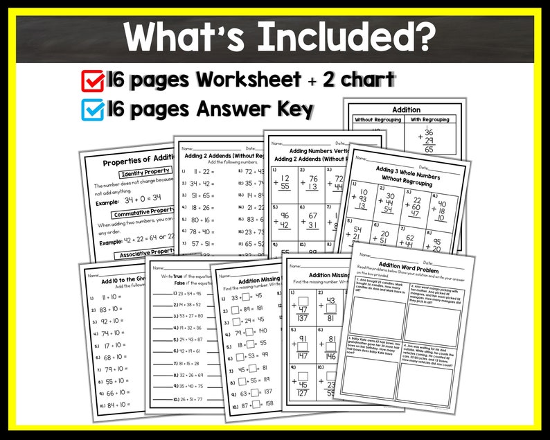 Pu&ograve; includere: Un foglio di lavoro in bianco e nero con il titolo "What's Included?" e il testo "16 pages Worksheet + 2 chart" e "16 pages Answer Key". Il foglio di lavoro &egrave; diviso in sezioni con diversi problemi di matematica, tra cui l'addizione di numeri senza riporto, l'addizione di due addendi e l'addizione di tre numeri interi. Il foglio di lavoro include anche una sezione sulle propriet&agrave; dell'addizione.