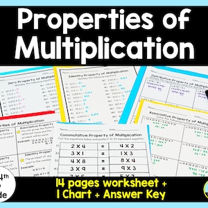 May include: A worksheet for 3rd, 4th, and 5th grade students to learn about the properties of multiplication. The worksheet includes examples and practice problems for the zero property, identity property, commutative property, associative property, and distributive property of multiplication.