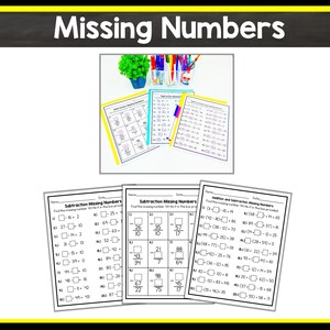 Puede incluir: Tres hojas de trabajo imprimibles con problemas de matem&aacute;ticas para ni&ntilde;os. Las hojas de trabajo se titulan "Subtraction Missing Numbers" y "Addition and Subtraction Missing Numbers". Las hojas de trabajo tienen texto negro sobre fondo blanco.