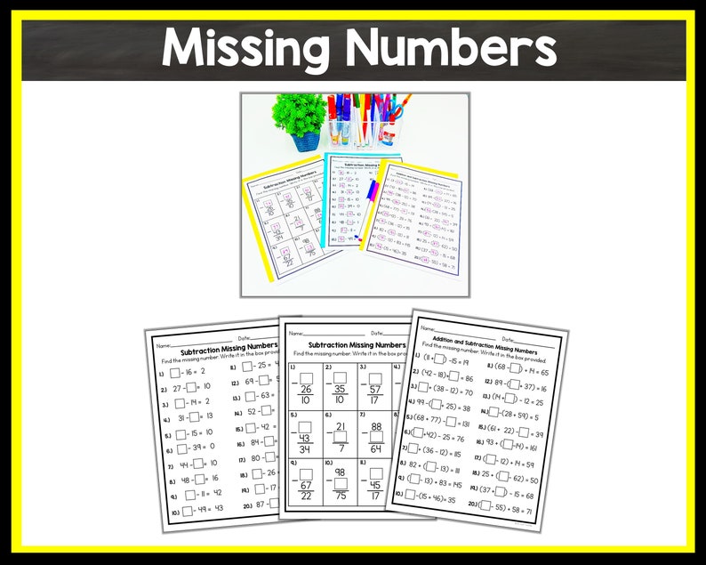 Puede incluir: Tres hojas de trabajo imprimibles con problemas de matem&aacute;ticas para ni&ntilde;os. Las hojas de trabajo se titulan "Subtraction Missing Numbers" y "Addition and Subtraction Missing Numbers". Las hojas de trabajo tienen texto negro sobre fondo blanco.