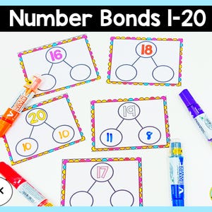 May include: Number bond worksheets for numbers 1-20. The worksheets are printed on white cardstock and feature colorful borders. The worksheets are designed to help children learn about number bonds. The worksheets are perfect for preschool and kindergarten.