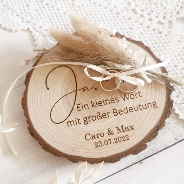 Ausgefallenes Ringkissen | Ringbrett | Ringscheibe | Hochzeit | Holzscheibe | individuell & personalisiert mit Spruch und Trockenblumen