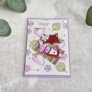 Carte rentrée scolaire renard fille fraises rose violet vert