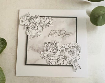 Carte de deuil carte de condoléances pivoines marbre gris blanc