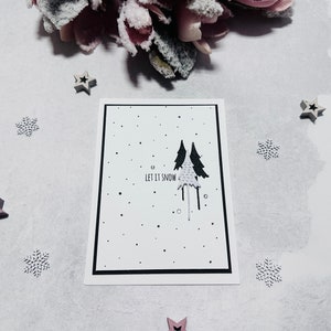 Tarjeta de felicitación Let it Snow Árboles de Navidad brillo blanco negro