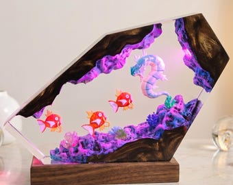 Mythical Sea Dragon & Red Fish Resin Lamp | Deep Ocean Cave Diorama | Epoxy Wood Night Light | Fantasy Creature Decor | Gamer Room Gift
