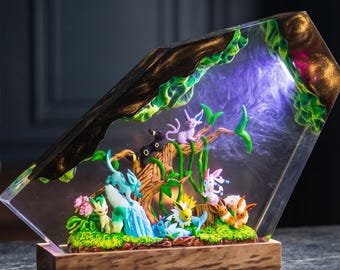 Anime Creature Resin Diorama | Magical Forest Glowing Epoxy Lamp | Room Decor | Handmade Night Light | Unique Geeky Gift for Him