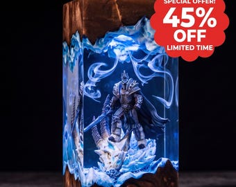 Ice Knight Resin Night Light, Epic Fantasy Diorama Lamp, Epoxy Wood Desk Decor for Gamer, Dark Warrior Miniature, Unique Gift for Boyfriend
