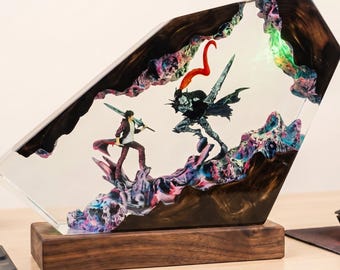 Epic Fantasy Battle Resin Lamp, Anime Swordsman vs Shadow Warrior Diorama, Epoxy Night Light, Gamer Room Decor, Unique Gift for Boyfriend