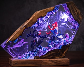 Superhero vs Symbiote Epoxy Resin Lamp | Handmade Night Light for Gamer Room | Comic Hero Diorama Desk Lamp | Unique Gift for Him