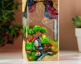 Lámpara de resina VILLAGE LANDSCAPE, arte de resina epoxi, madera de resina hecha a mano, regalo personalizado para la decoración del hogar