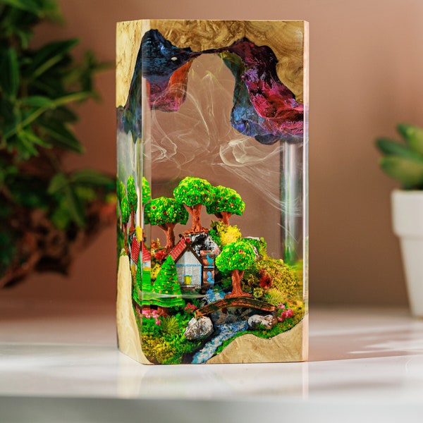 VILLAGE LANDSCAPE Resin Lamp, Epoxy Resin Art, Handcrafted Resin Wood, Personalized Gift for Decor Home