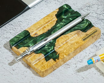 Custom Desk Pen Holder, Resin and Wood Pen Tray, Minimalist Pen Tray, Artisan Pen Holder for Desk, Wooden Pencil Holder
