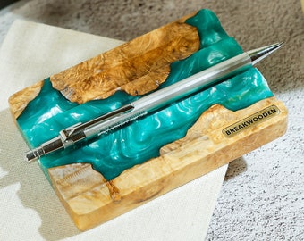 Custom Desk Pen Holder, Resin and Wood Pen Tray, Minimalist Pen Tray, Artisan Pen Holder for Desk, Wooden Pencil Holder