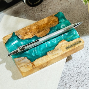 Custom Desk Pen Holder, Resin and Wood Pen Tray, Minimalist Pen Tray, Artisan Pen Holder for Desk, Wooden Pencil Holder