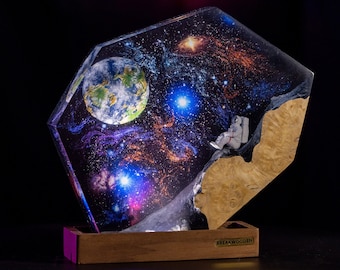 LÁMPARA EPOXY INTERESTELAR, resina de galaxia espacial y luz nocturna de madera, lámpara de arte de madera de resina de astronauta, luz nocturna personalizada de nave espacial