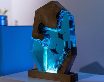 MANTA RAYS Epoxy Lamp, Custom Epoxy Resin Lamp, Resin Night Light, Resin Wood Art Lamp, Custom Night Light, Personalized Night Light