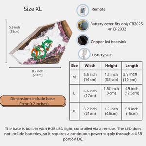 May include: A resin and wood display piece featuring a green dragon-like figure inside, measuring 8.2 inches by 5.9 inches. It includes a remote, a battery cover for CR2025 or CR2032, a copper LED heatsink, and a USB Type C port for RGB LED lighting.